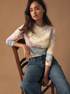 Monet Graphic License Long Sleeve Washed Effect Raw Seam T-Shirt
