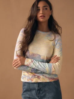 Monet Graphic License Long Sleeve Washed Effect Raw Seam T-Shirt