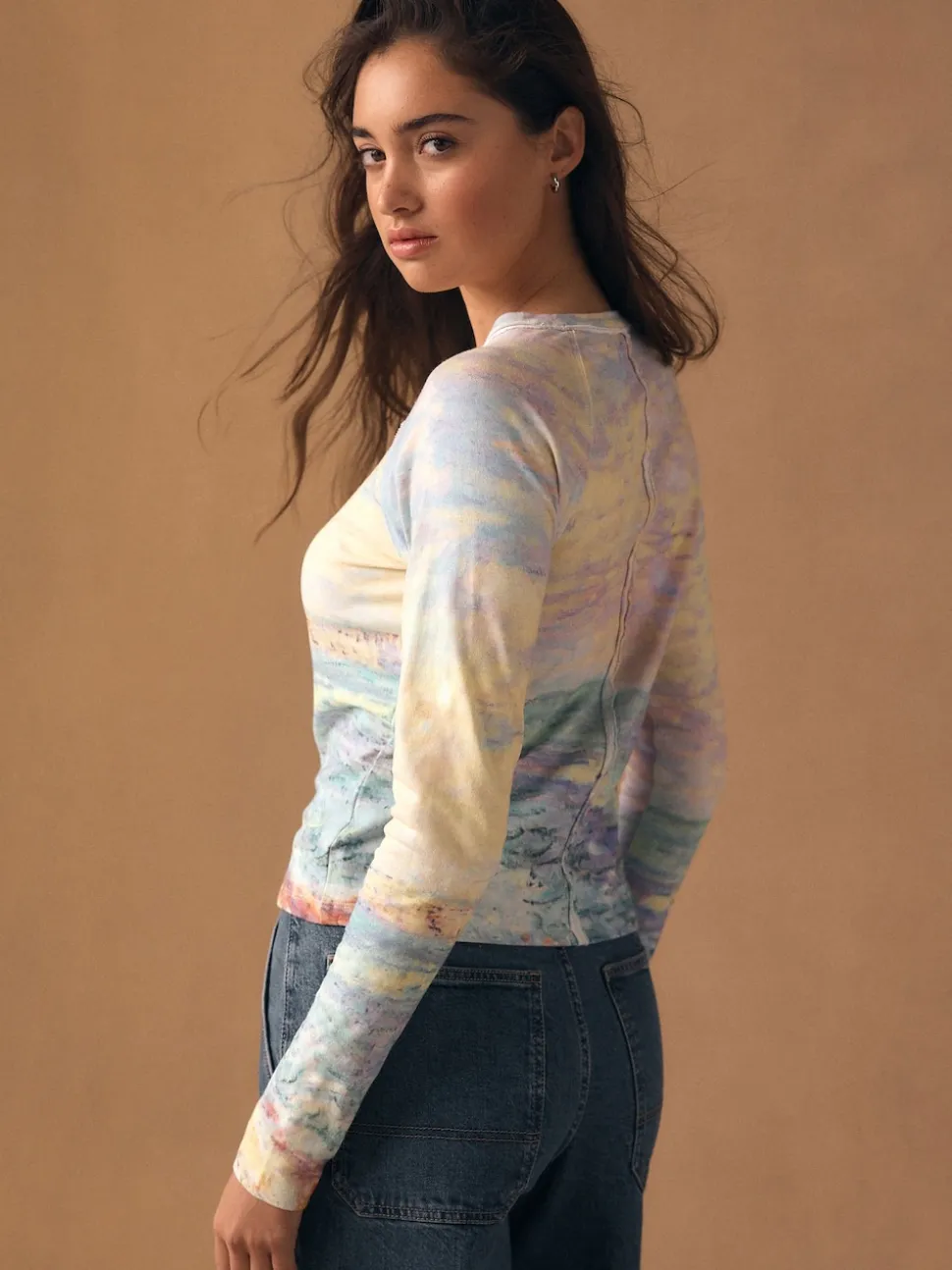 Monet Graphic License Long Sleeve Washed Effect Raw Seam T-Shirt