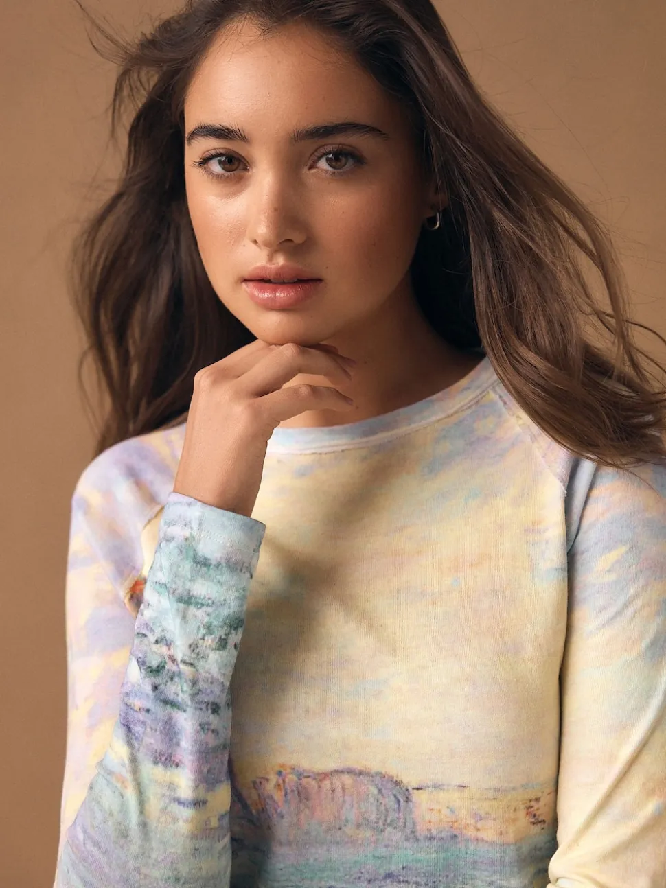Monet Graphic License Long Sleeve Washed Effect Raw Seam T-Shirt