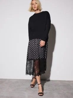 Mono Spot 2-In-1 Sweatshirt With Satin Midi Skirt