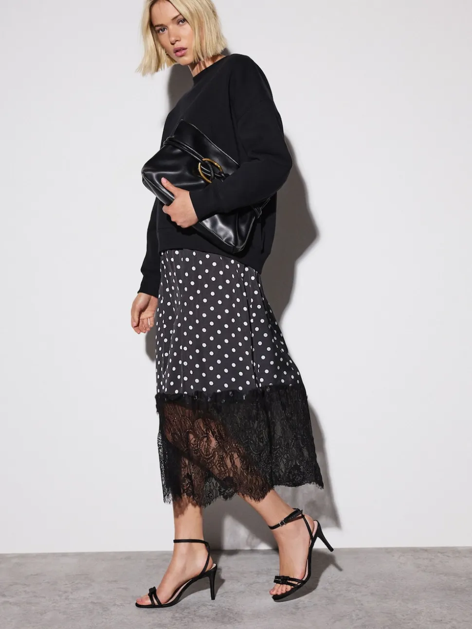 Mono Spot 2-In-1 Sweatshirt With Satin Midi Skirt