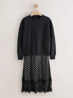 Mono Spot 2-In-1 Sweatshirt With Satin Midi Skirt