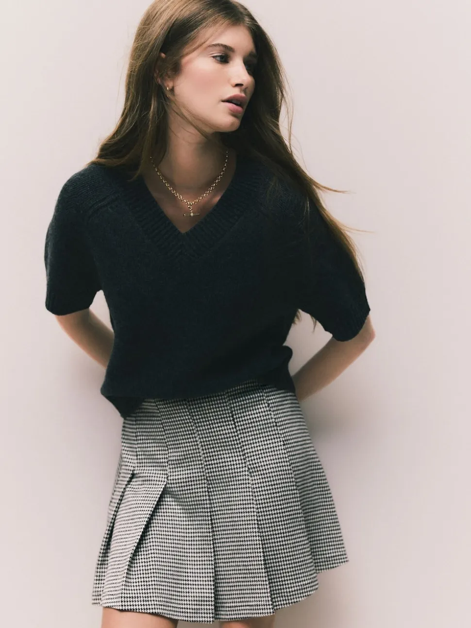 Monochrome Check Mini Jersey Pleated Skirt