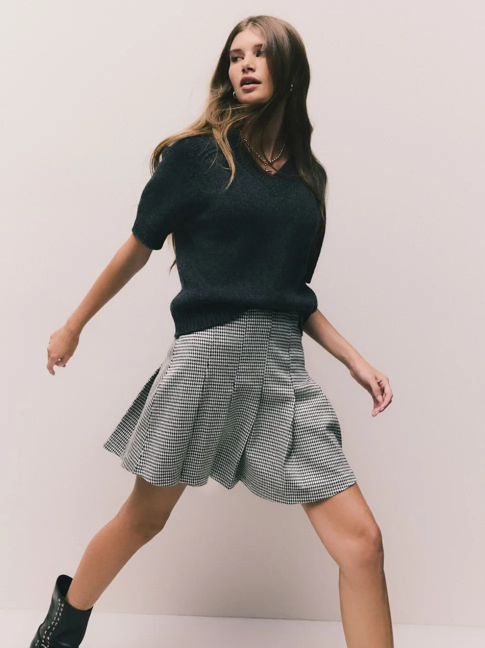 Monochrome Check Mini Jersey Pleated Skirt