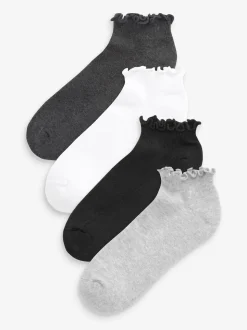 Monochrome Frill Top Cushion Sole Trainer Socks 4 Pack