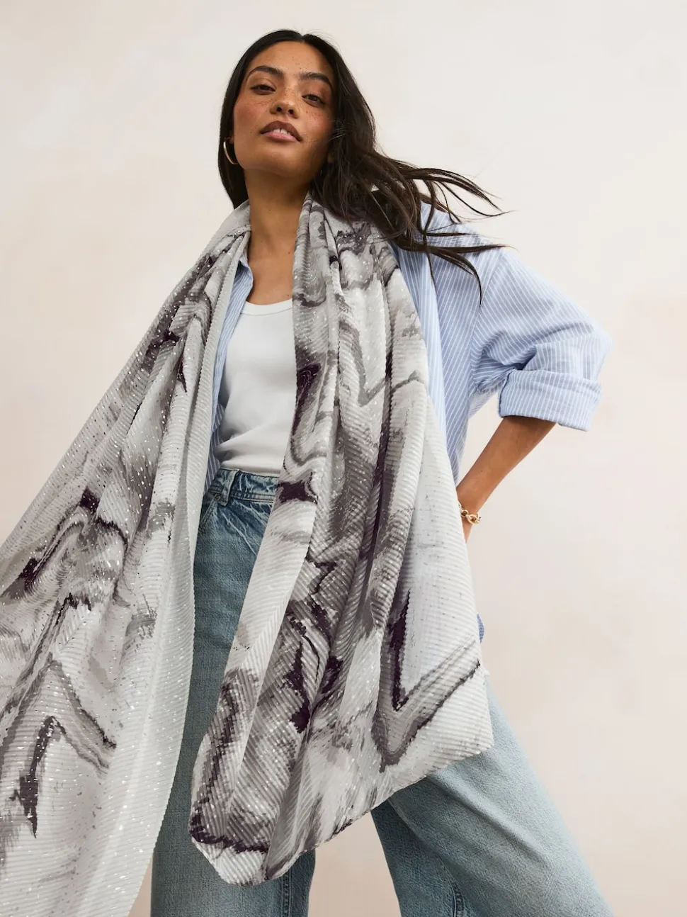 Monochrome Marble Plisse Lightweight Scarf