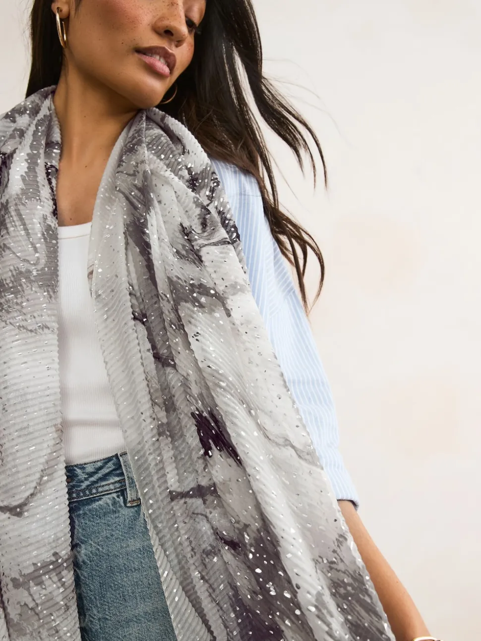 Monochrome Marble Plisse Lightweight Scarf