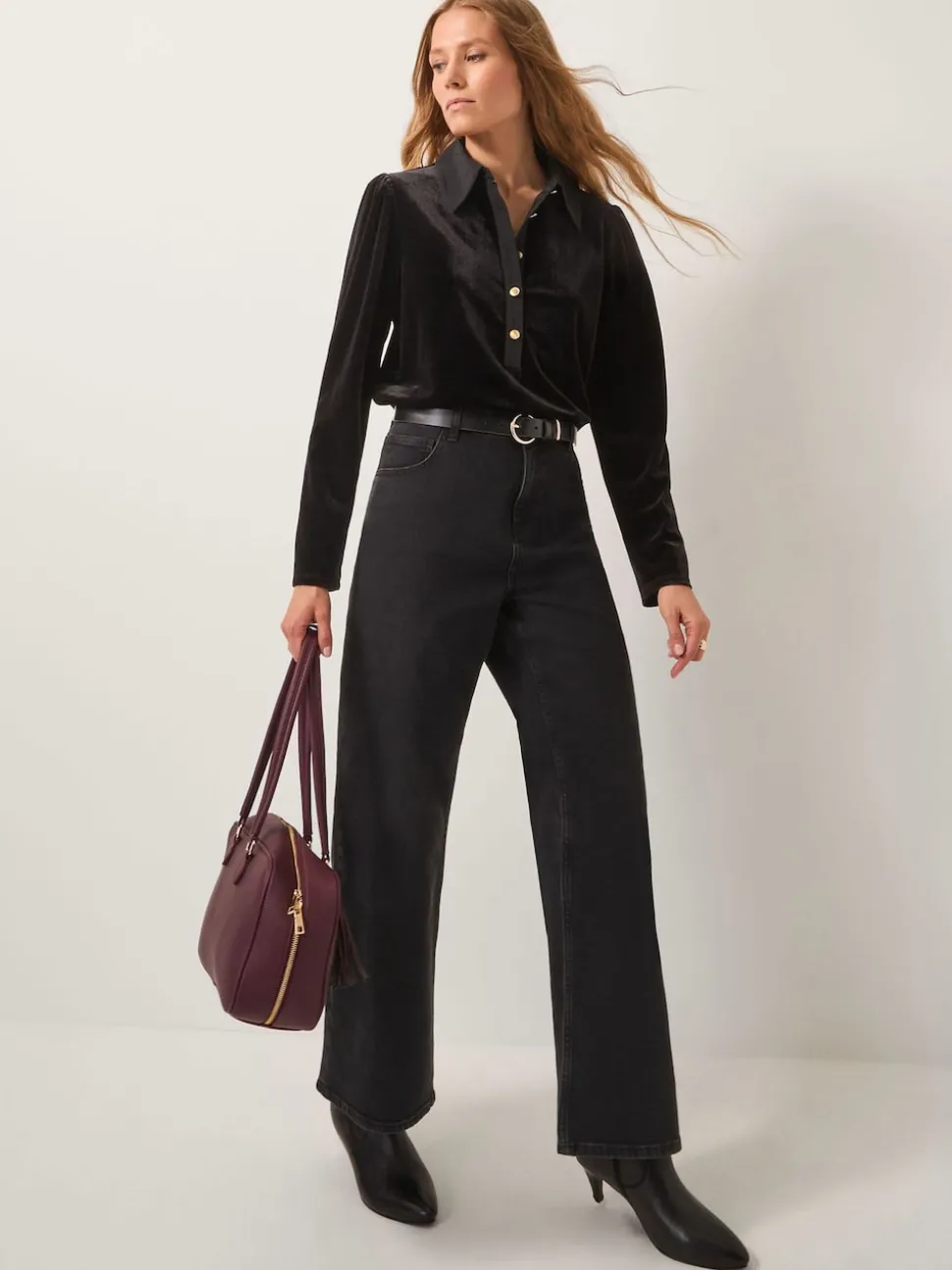Monsoon Black Clay Collar Stretch Velvet Blouse