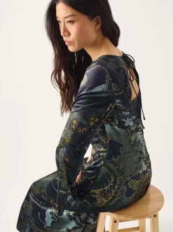 Monsoon Black Delta Print Velvet Jersey Midi Dress