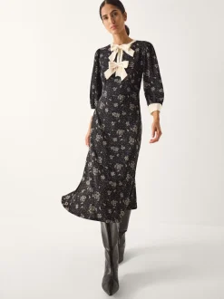 Monsoon Black Dotty Bow Floral Jersey Midi Dress