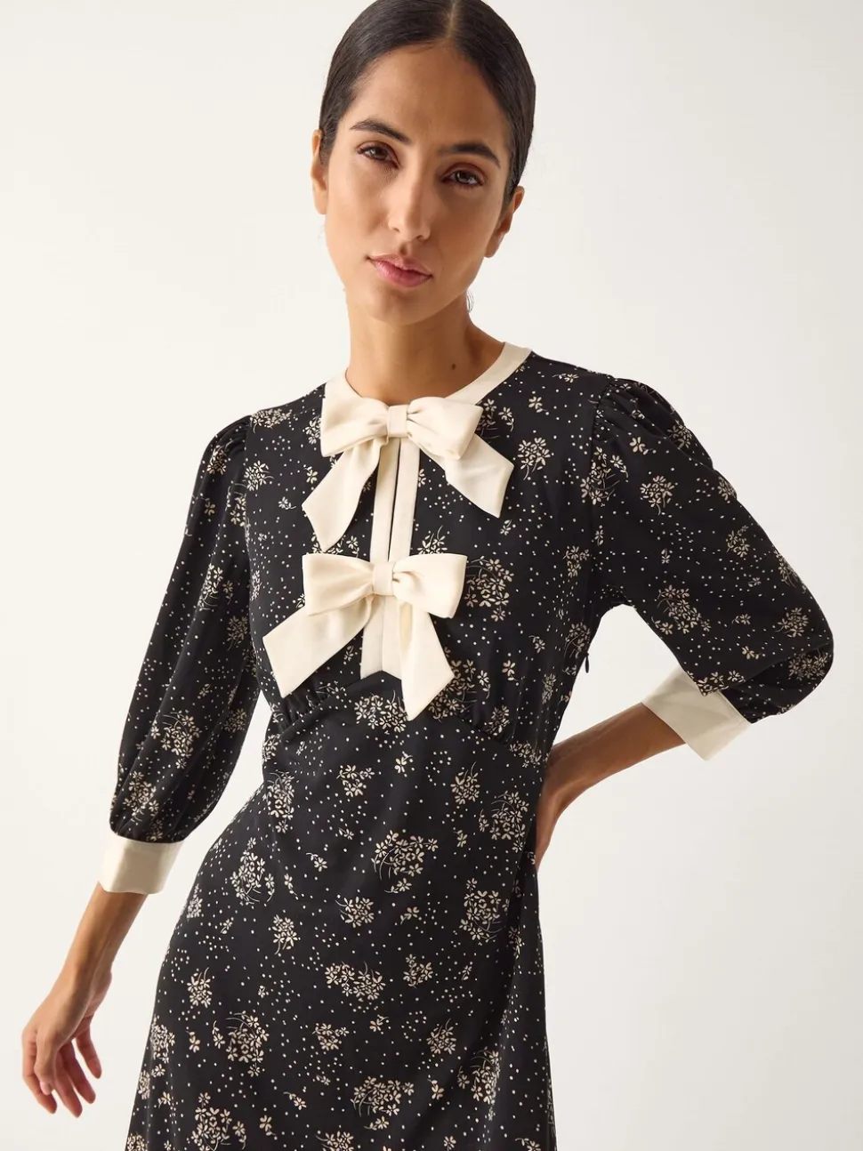 Monsoon Black Dotty Bow Floral Jersey Midi Dress
