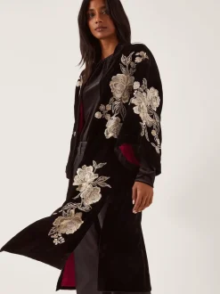 Monsoon Black Fia Floral Embroidered Velvet Kimono