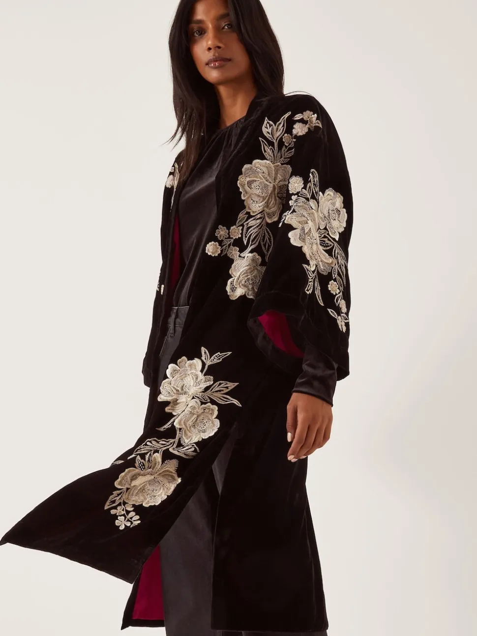 Monsoon Black Fia Floral Embroidered Velvet Kimono