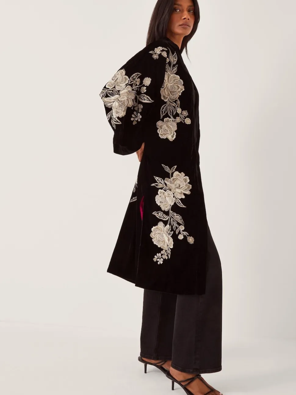 Monsoon Black Fia Floral Embroidered Velvet Kimono