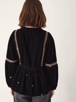 Monsoon Black Noni Embroidered Velvet Long Sleeve Blouse