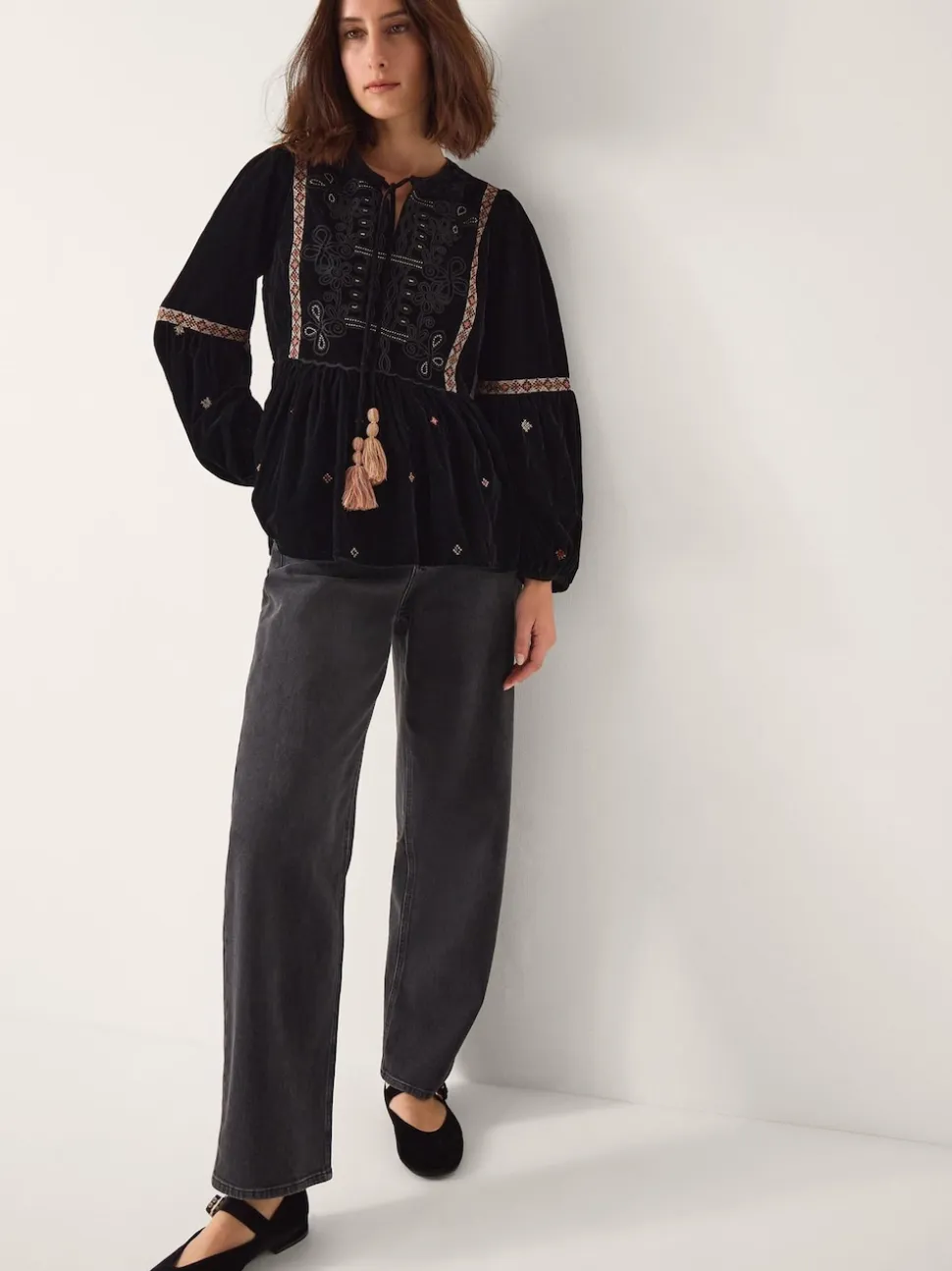Monsoon Black Noni Embroidered Velvet Long Sleeve Blouse