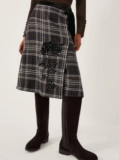 Monsoon Black Rue Embellished Tartan Wrap Midi Skirt