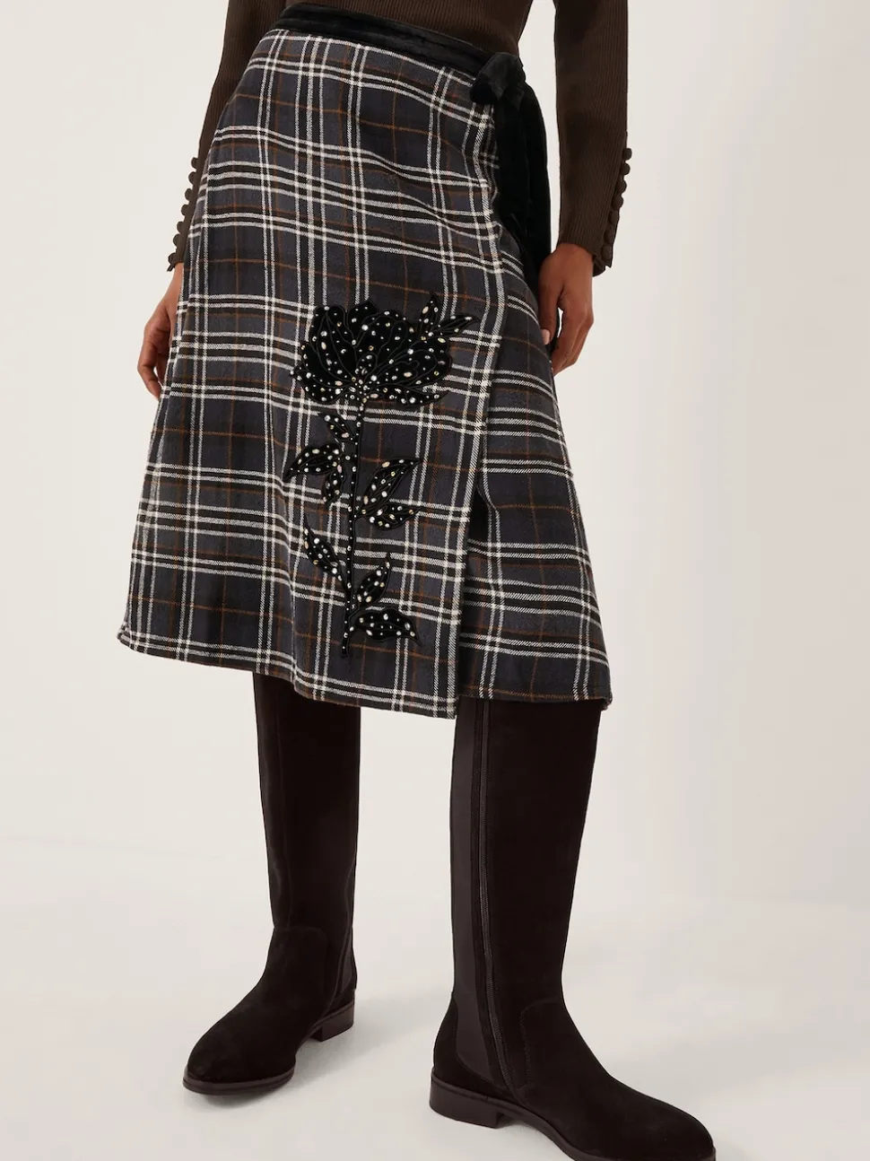 Monsoon Black Rue Embellished Tartan Wrap Midi Skirt