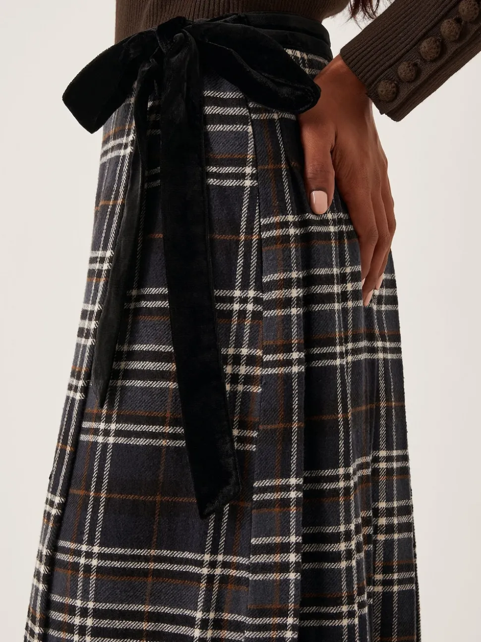 Monsoon Black Rue Embellished Tartan Wrap Midi Skirt