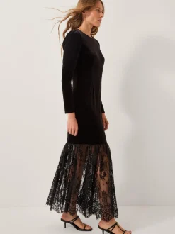 Monsoon Black Verity Velvet Lace Maxi Dress