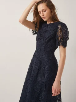 Monsoon Blue Betty Lace Puff Sleeve Midi Dress