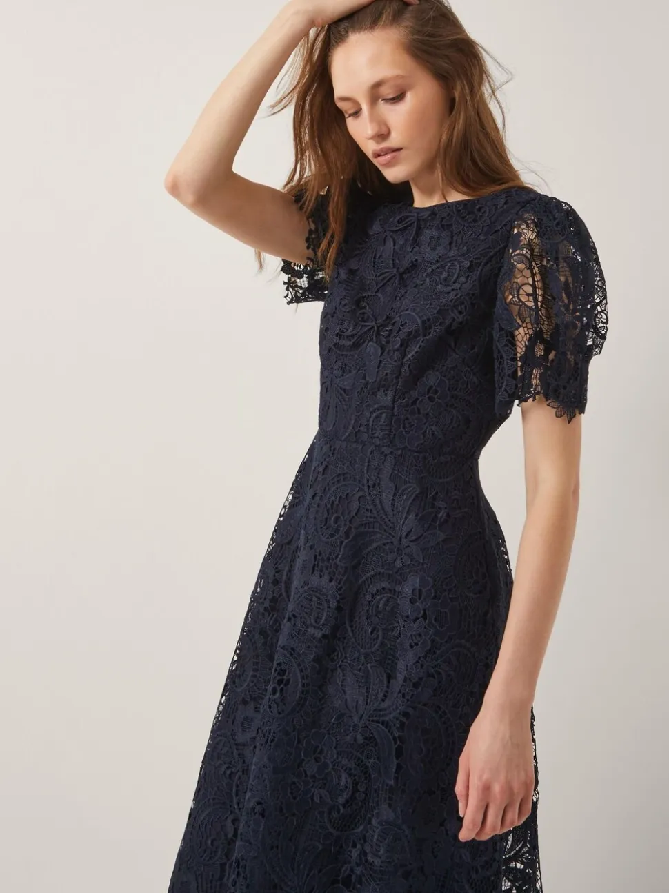 Monsoon Blue Betty Lace Puff Sleeve Midi Dress