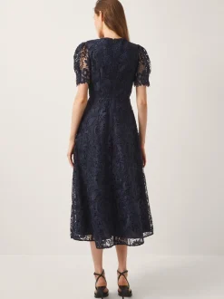 Monsoon Blue Betty Lace Puff Sleeve Midi Dress