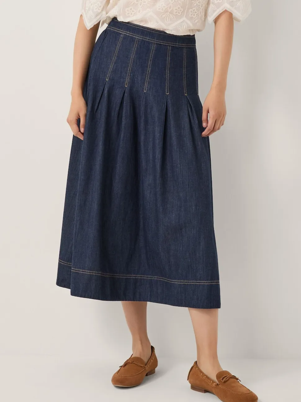 Monsoon Blue Darcie Pleated Denim Midi Skirt