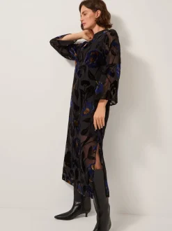 Monsoon Blue Giselle Sheer Floral Devoré Midi Dress