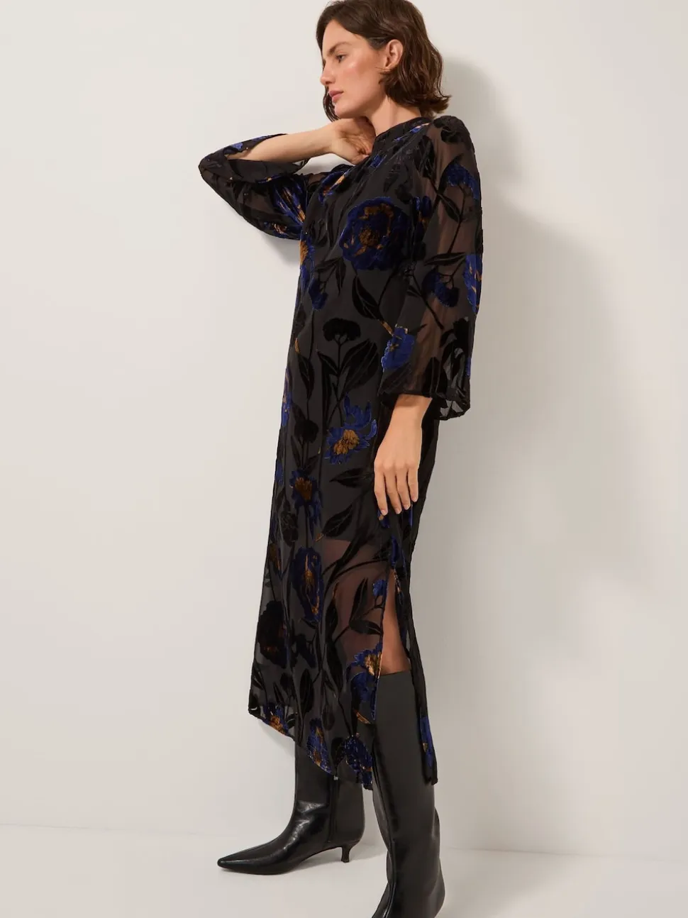 Monsoon Blue Giselle Sheer Floral Devoré Midi Dress