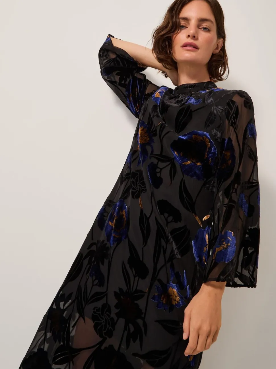 Monsoon Blue Giselle Sheer Floral Devoré Midi Dress