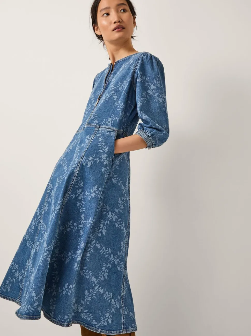 Monsoon Blue Hailsey Floral Denim Midi Dress
