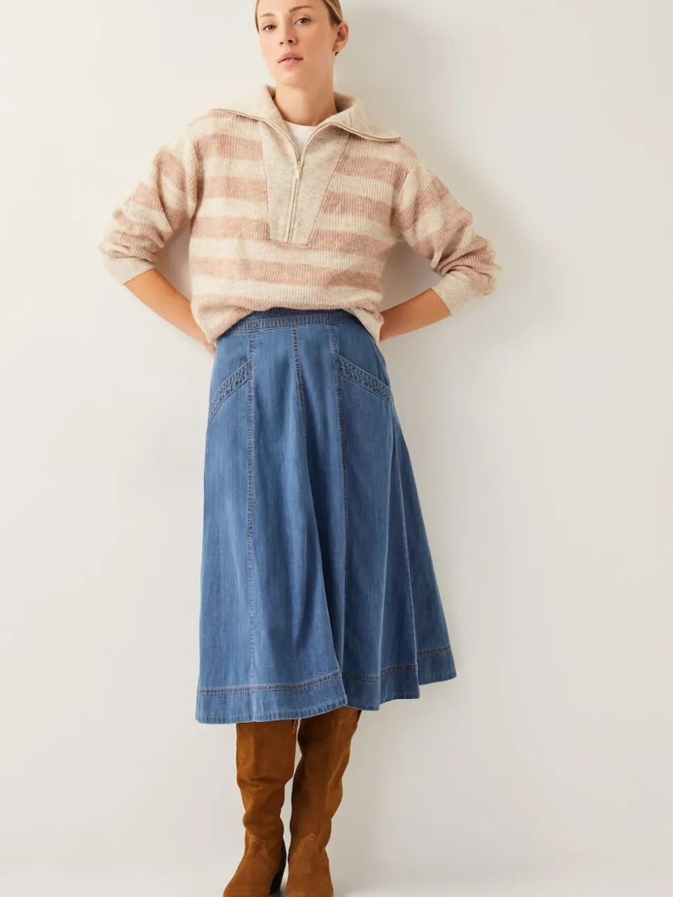 Monsoon Blue Harper Seamed Denim 100% Cotton Midi Skirt