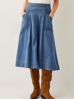 Monsoon Blue Harper Seamed Denim 100% Cotton Midi Skirt