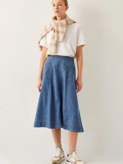 Monsoon Blue Harper Seamed Denim 100% Cotton Midi Skirt