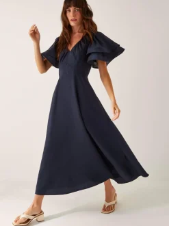 Monsoon Blue Patricia Ruffle Sleeve Midi Dress
