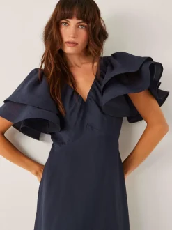 Monsoon Blue Patricia Ruffle Sleeve Midi Dress