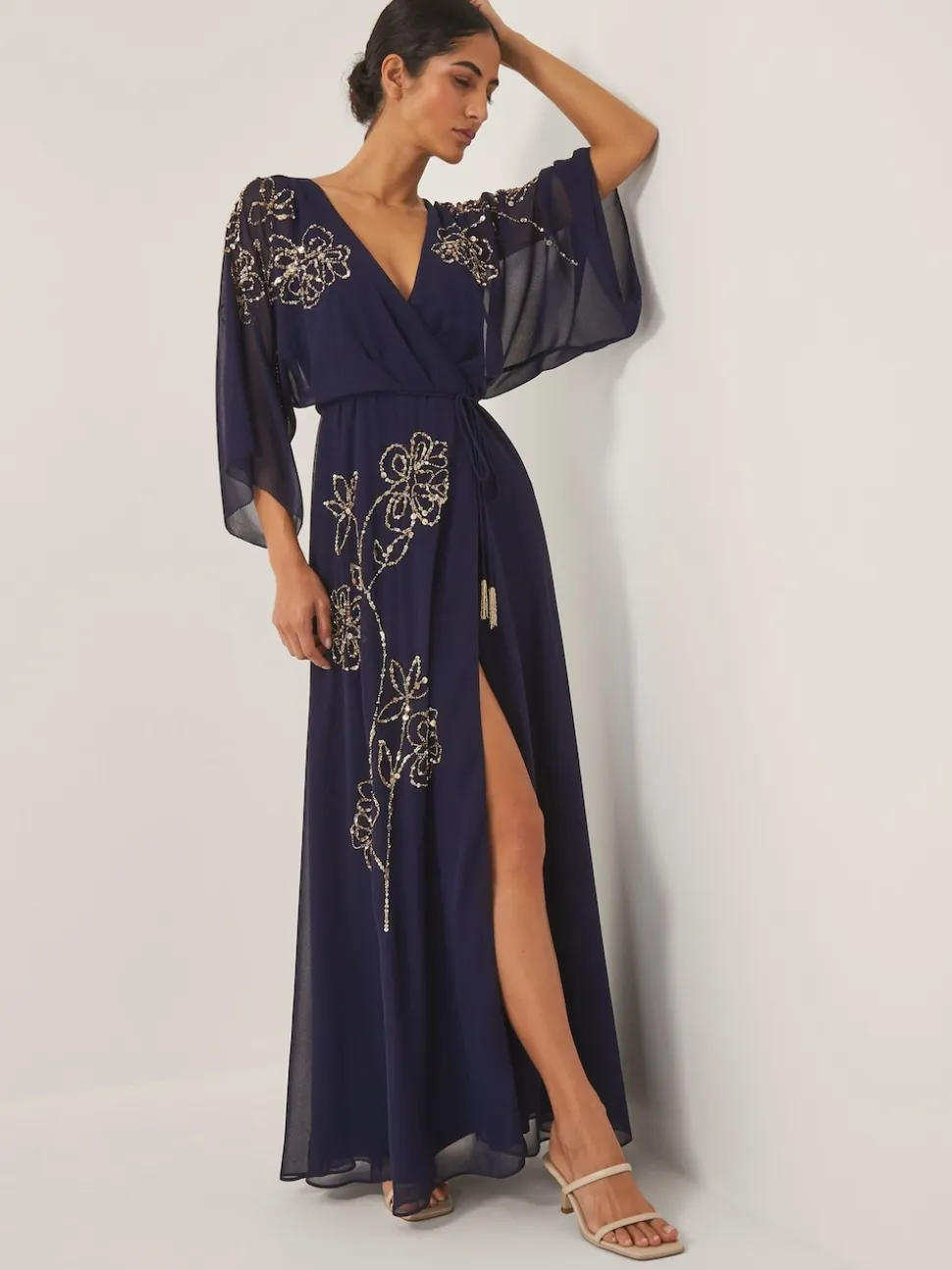 Monsoon Blue Skyla Floral Print Embellished Maxi Wrap Dress