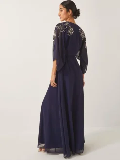 Monsoon Blue Skyla Floral Print Embellished Maxi Wrap Dress
