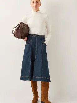 Monsoon Blue White Harper Seamed Denim 100% Cotton Midi Skirt