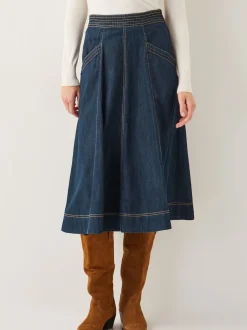 Monsoon Blue White Harper Seamed Denim 100% Cotton Midi Skirt