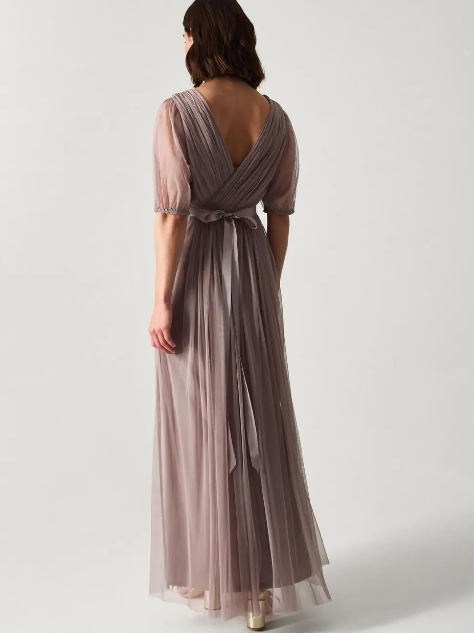 Monsoon Brown Ellie Sheer Sleeve Plunge Tulle Maxi Dress