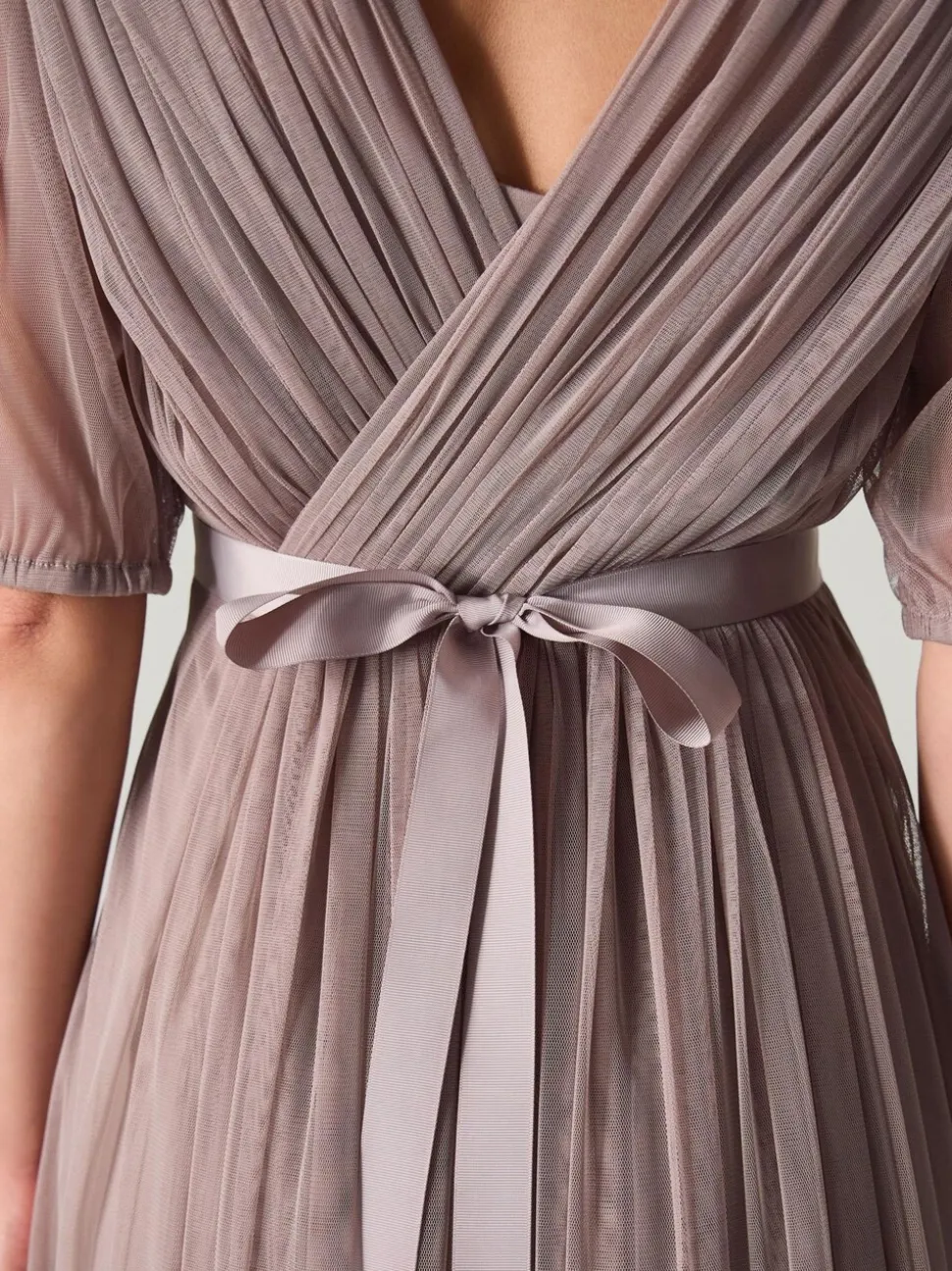 Monsoon Brown Ellie Sheer Sleeve Plunge Tulle Maxi Dress