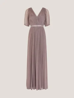 Monsoon Brown Ellie Sheer Sleeve Plunge Tulle Maxi Dress