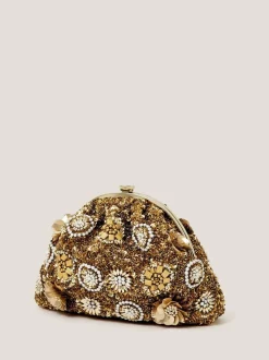 Monsoon Brown Lulu Flower Embellished Clutch Bag