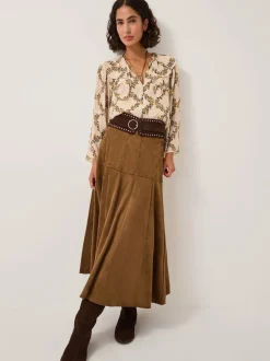 Monsoon Brown Macy Suedette A-Line Midi Skirt