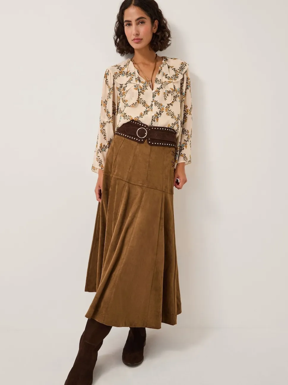 Monsoon Brown Macy Suedette A-Line Midi Skirt