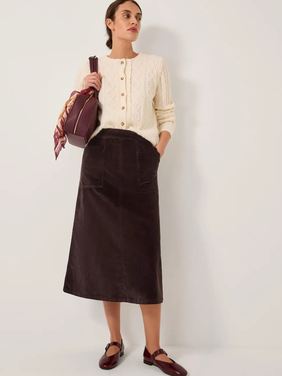 Monsoon Brown Malika Corduroy Midi Skirt
