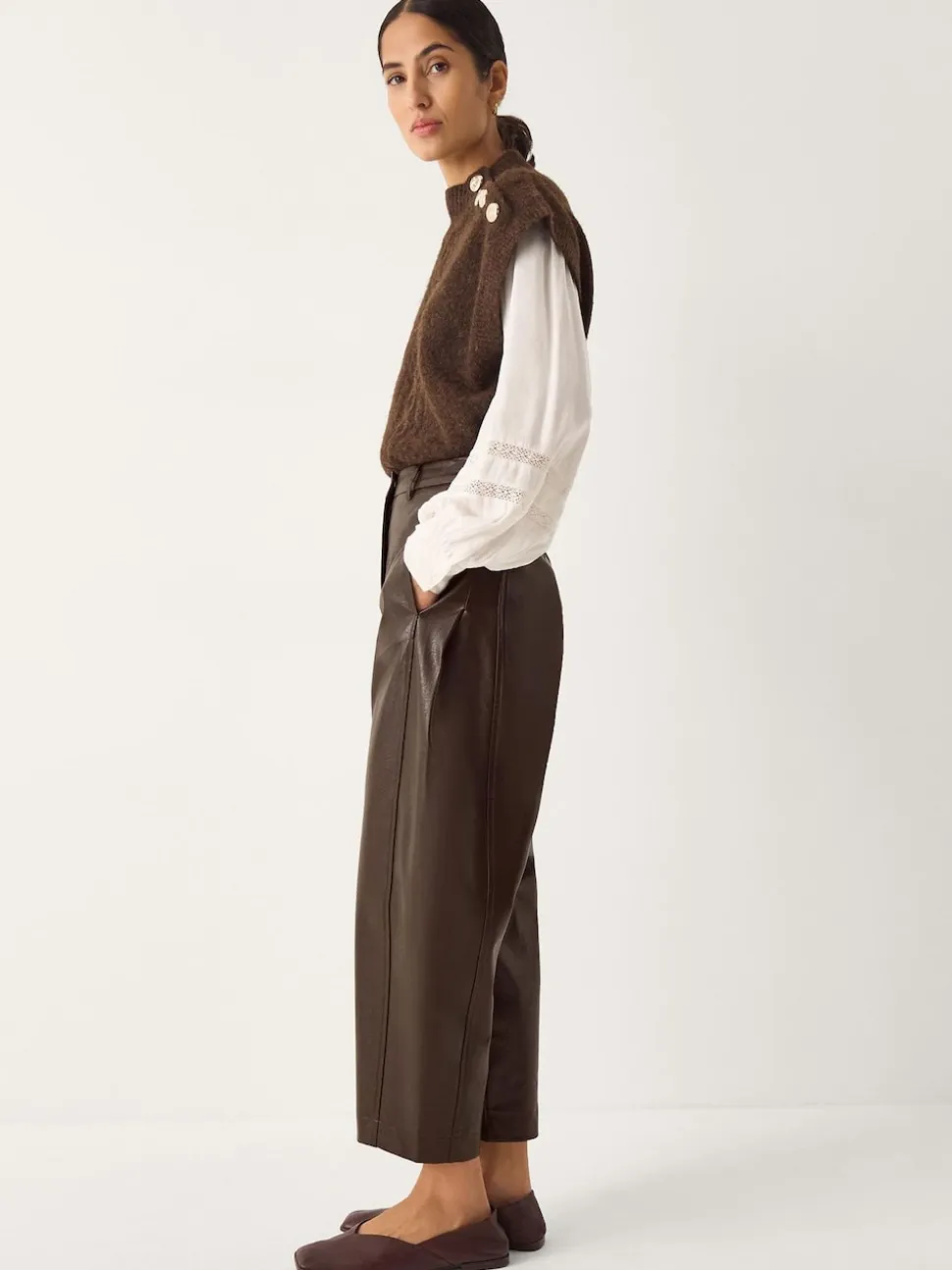 Monsoon Brown Tara Faux Leather Barrel Trousers